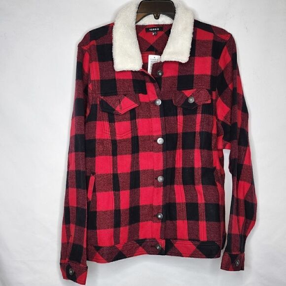 5X 28W Torrid Red Buffalo Plaid Trucker Jacket Sherpa Lined Flannel Twill Button - Picture 2 of 8